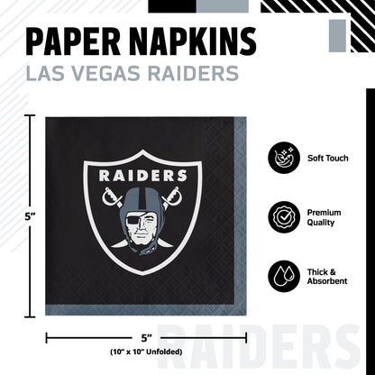 Las Vegas Raiders paper napkins shown in a product graphic with dimensions and feature callouts. The napkin is black with the Raiders logo and the word RAIDERS printed on it.