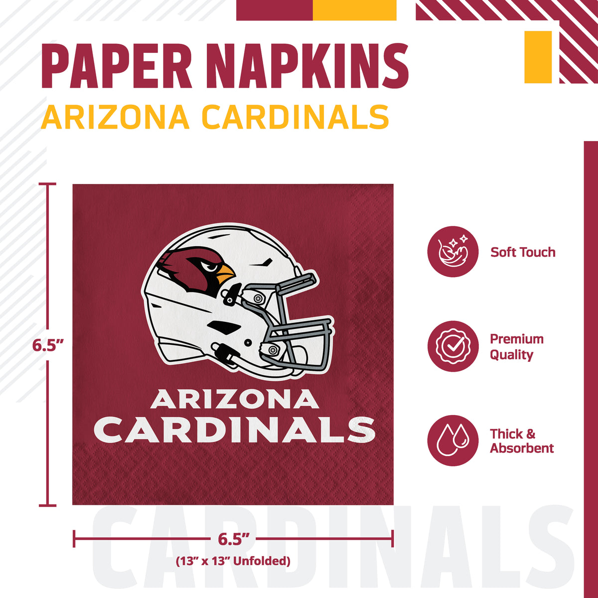 Paper napkin with Arizona Cardinals helmet and text on a red background. Infographic with dimensions, soft touch, premium quality, and thick & absorbent.