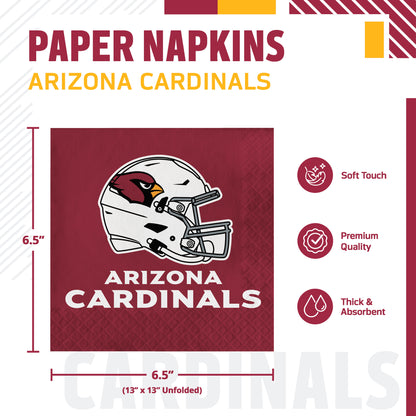 Paper napkin with Arizona Cardinals helmet and text on a red background. Infographic with dimensions, soft touch, premium quality, and thick & absorbent.