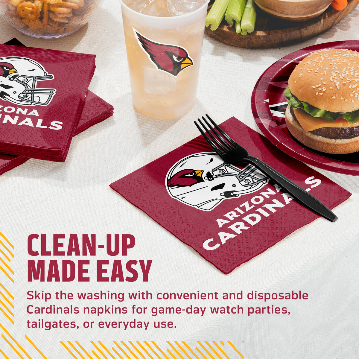 Arizona Cardinals napkins on a table with plate, fork, cup and food. Text with "Clean-up made easy"