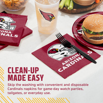 Arizona Cardinals napkins on a table with plate, fork, cup and food. Text with "Clean-up made easy"