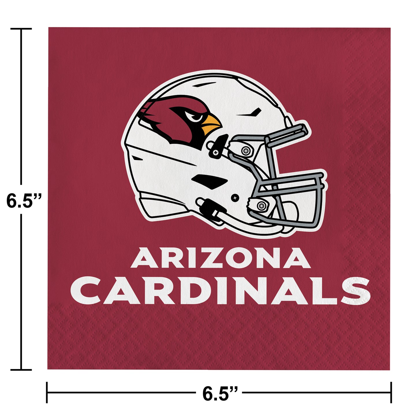 Napkin with Arizona Cardinals helmet and text on a red background. Dimensions shown.