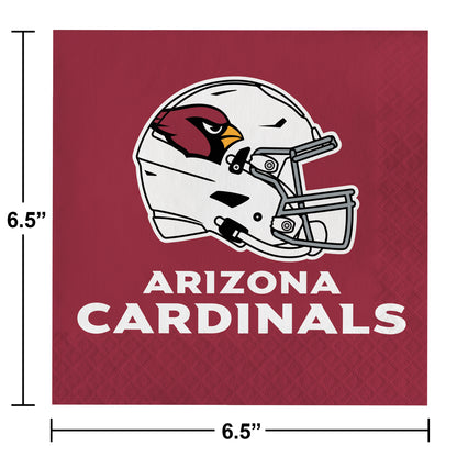 Napkin with Arizona Cardinals helmet and text on a red background. Dimensions shown.