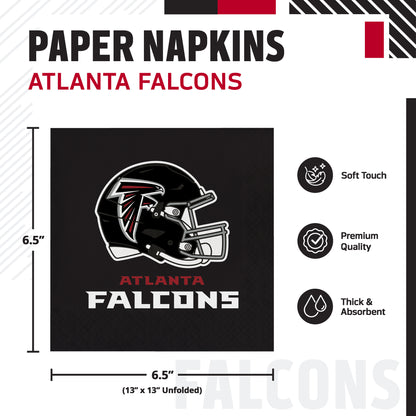 Atlanta Falcons themed paper napkins shown with product dimensions and feature icons. The napkin is black with the Atlanta Falcons helmet logo and team name in white and red. Dimensions shown.
