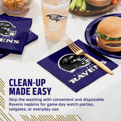Baltimore Ravens napkins, plates, cups, and fork surrounded by food with "Clean-Up Made Easy" text