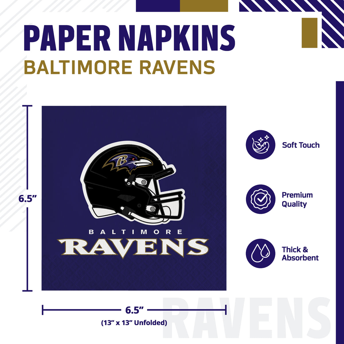 Baltimore Ravens themed paper napkins shown with printed team graphics and dimensions on a white promotional background. The napkin is square, dark purple, and features the Ravens helmet logo and team name. Product dimensions included.