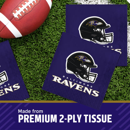 Baltimore Ravens napkins on a grass football field and banner on the bottom with "Made from Premium 2-Ply Tissues" text