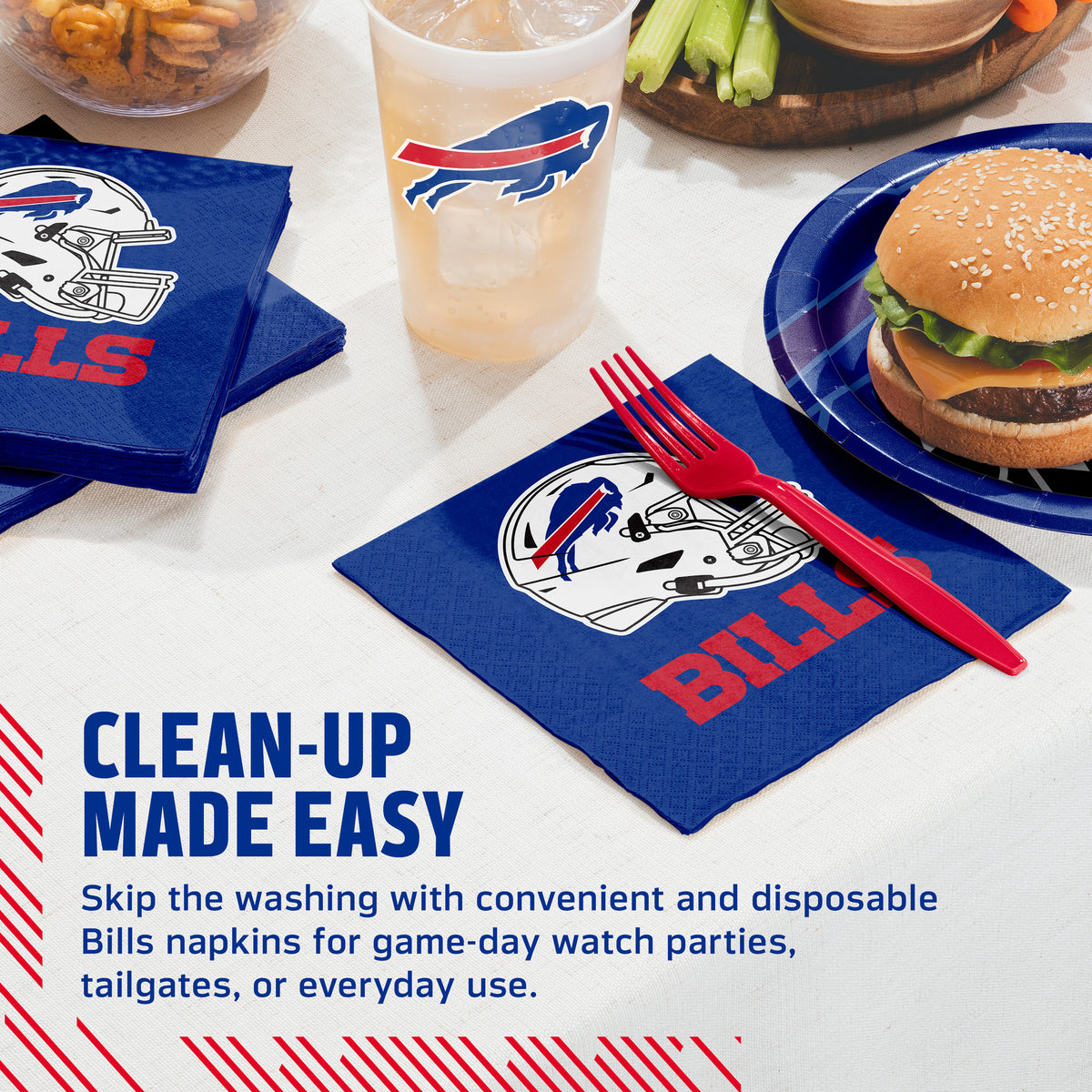 Buffalo Bills napkins on a table with food, cup and cutlery with "Clean-Up Made Easy" text