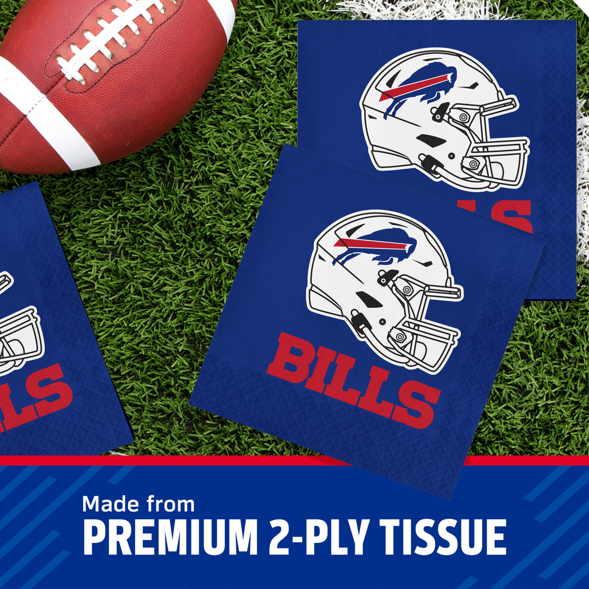 Buffalo Bills napkins on a grass field with banner text saying "Made from Premium 2-Ply Tissue"