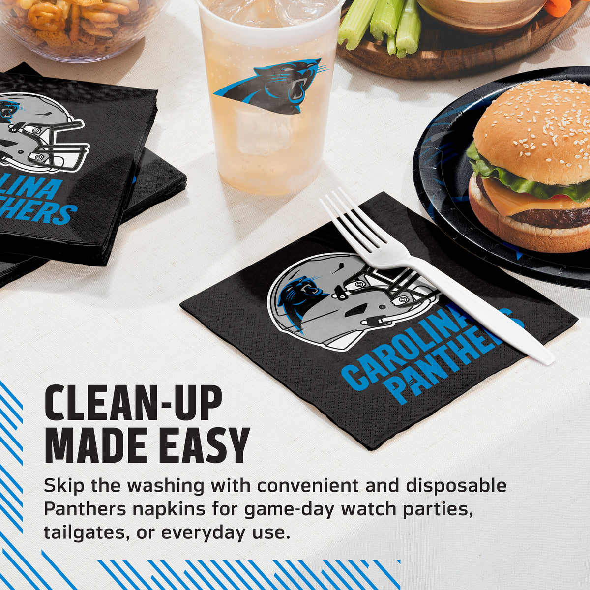 Carolina Panthers napkins on a table with cups, plates and food. "Clean-Up Made Easy" text is featured along the bottom