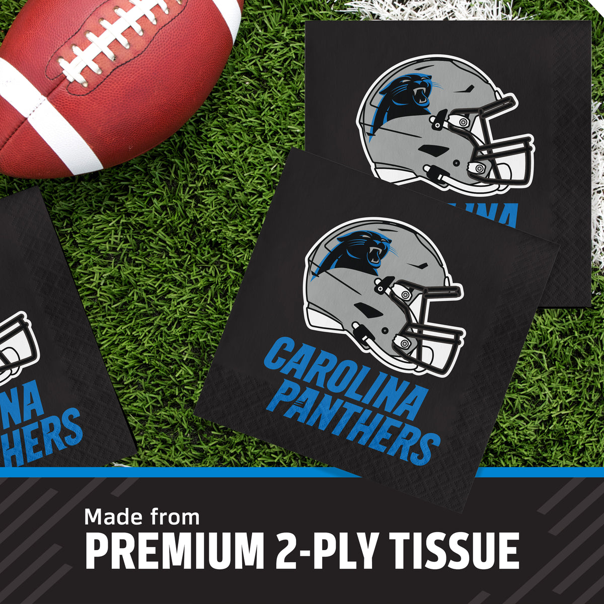 Carolina Panthers paper napkins on a grass field with "Made from Premium 2-Ply Tissue" text at the bottom