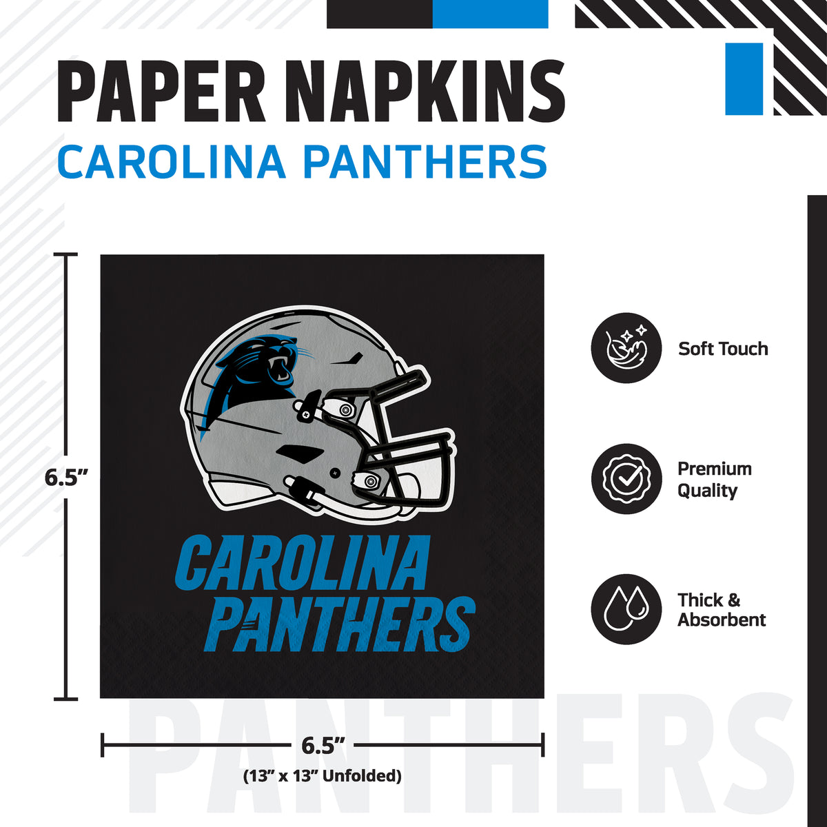 Carolina Panthers paper napkin with football helmet and "Carolina Panthers" text with infographic and product dimensions