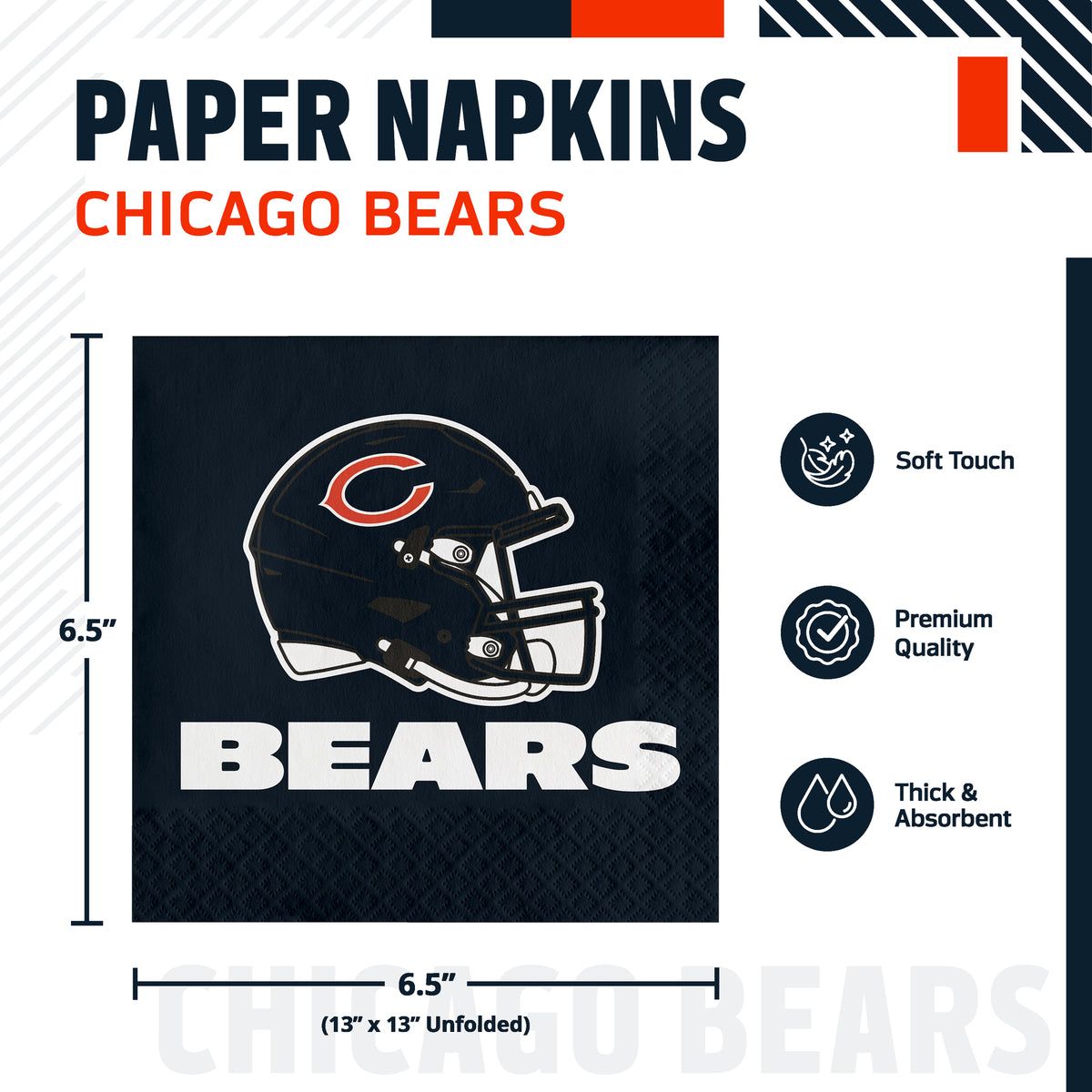 Chicago Bears paper napkins with infographic and product dimensions