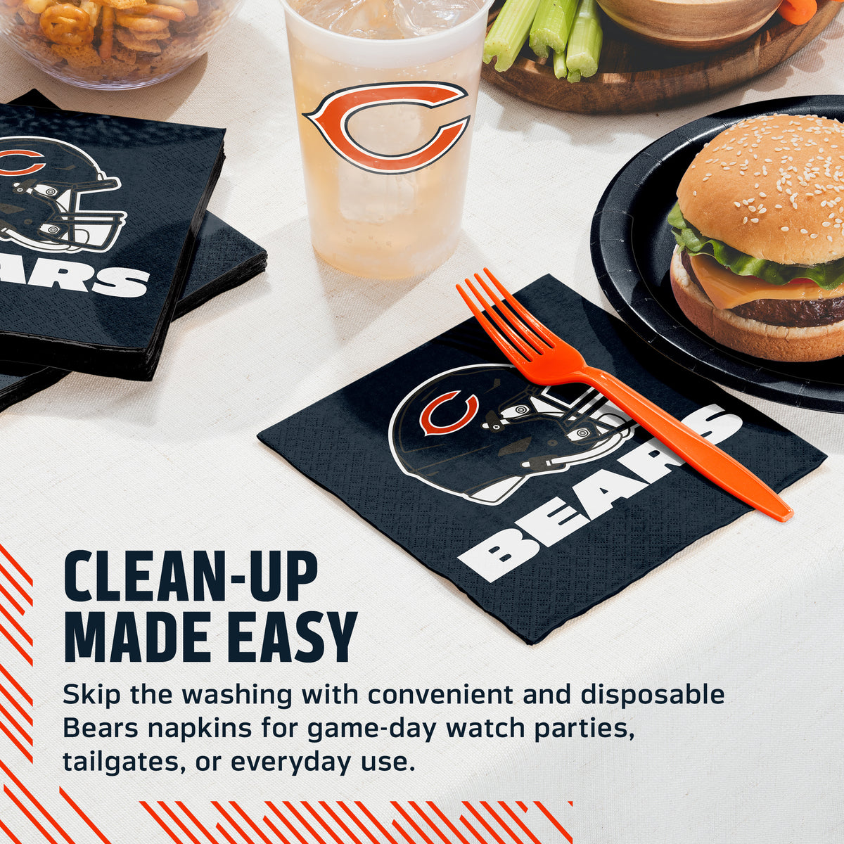 Chicago Bears napkins and cups on a table with food and cup. Banner with "Clean-Up Made Easy" text along the bottom