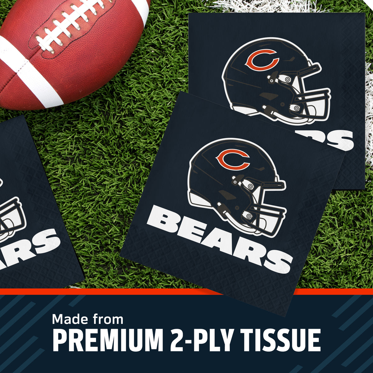 Three Chicago Bears themed square napkins on a green turf background next to a football, with a text banner at the bottom reading 'Made from PREMIUM 2-PLY TISSUE'.