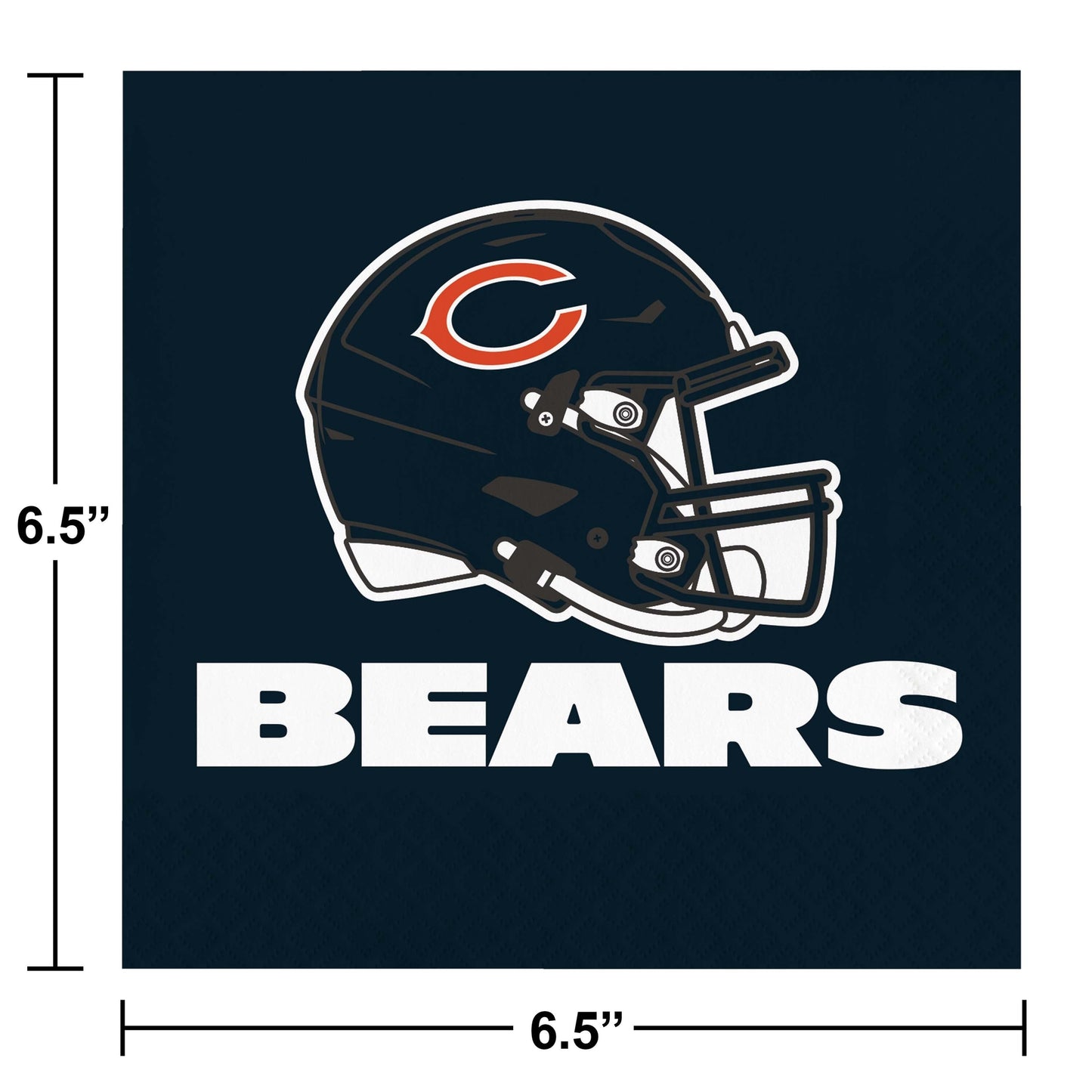 Chicago Bears luncheon napkin with helmet and "Bears" text. Dimensions shown.