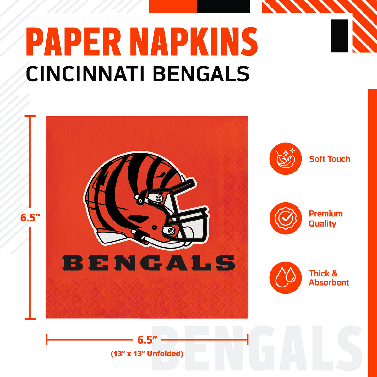 Cincinnati Bengals paper napkins shown in a product graphic with dimensions and feature callouts. The napkin is orange with the Bengals helmet logo and the word BENGALS printed on it.