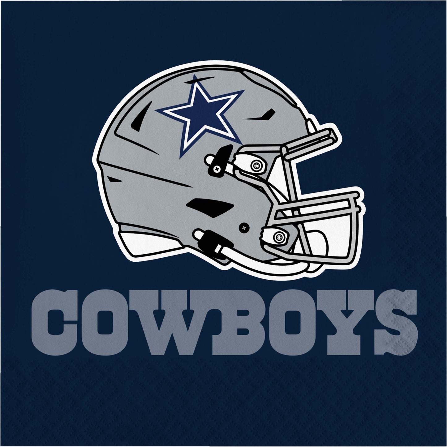 Gray football helmet with star logo and 'COWBOYS' text on a navy background