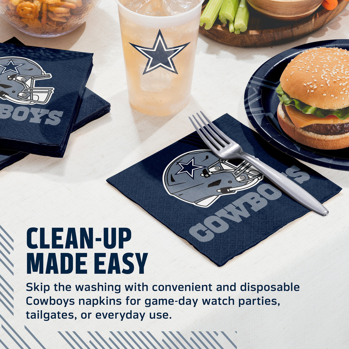 Dallas Cowboys napkins and cups on a table with food and cup. Banner with "Clean-Up Made Easy" text along the bottom