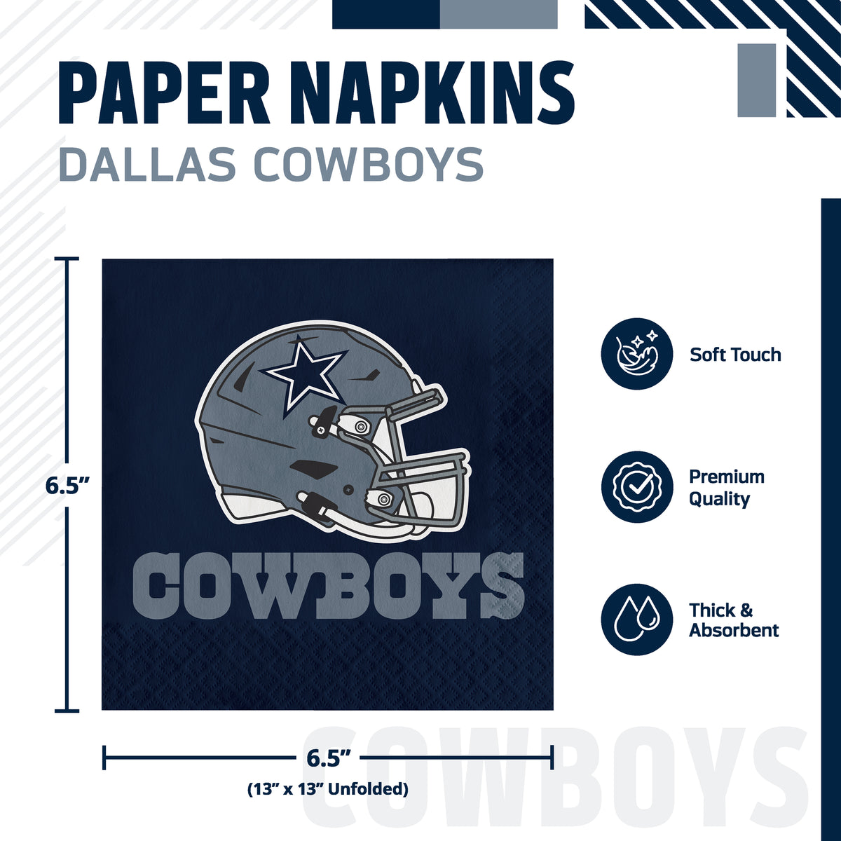 Dallas Cowboys paper napkins shown in a product graphic with dimensions and feature callouts. The napkin is navy blue with the Cowboys helmet logo and the word COWBOYS printed on it.