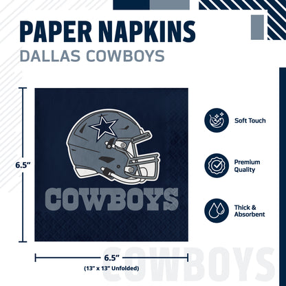 Dallas Cowboys paper napkins shown in a product graphic with dimensions and feature callouts. The napkin is navy blue with the Cowboys helmet logo and the word COWBOYS printed on it.