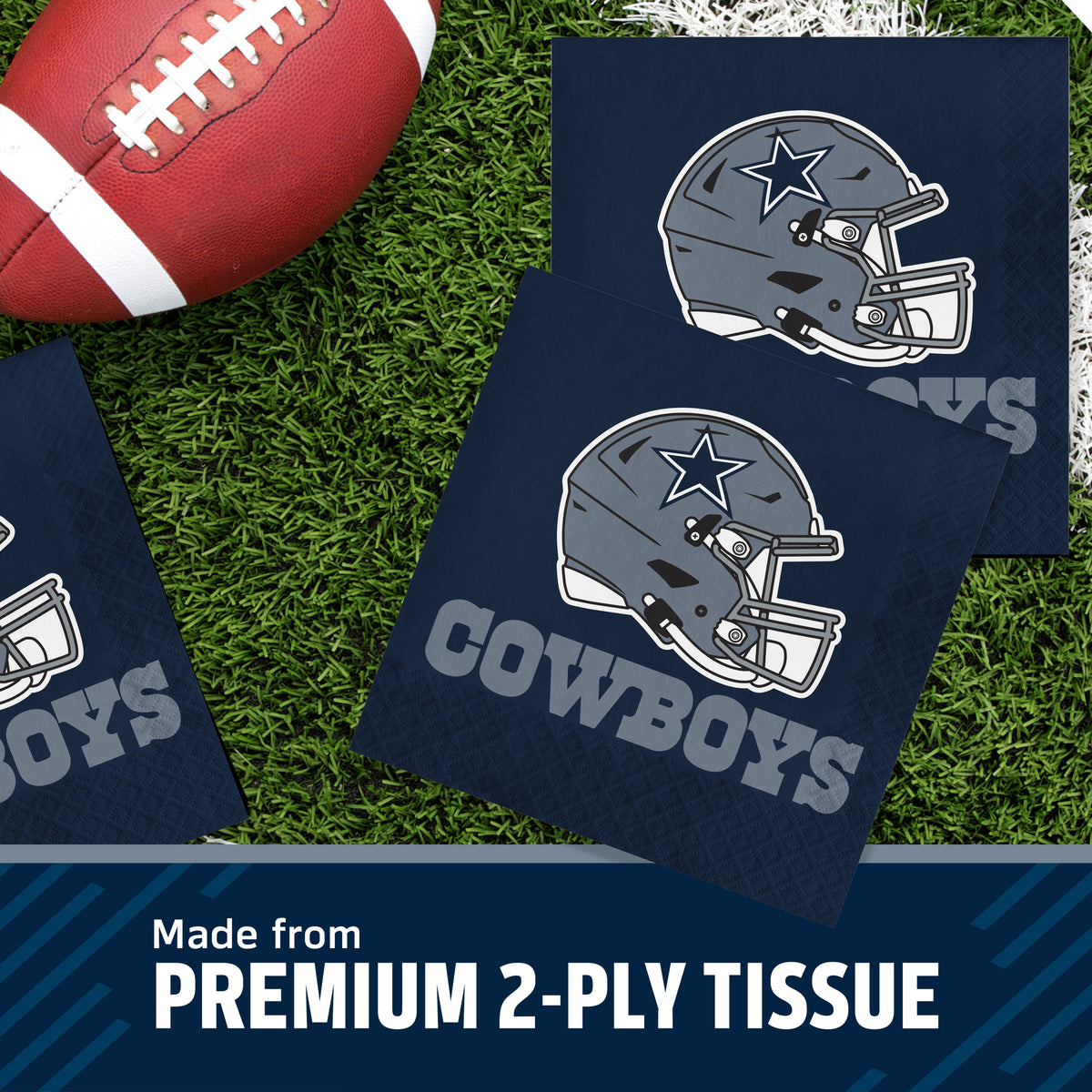 Three Dallas Cowboys themed square napkins on a green turf background next to a football, with a text banner at the bottom reading 'Made from PREMIUM 2-PLY TISSUE'.