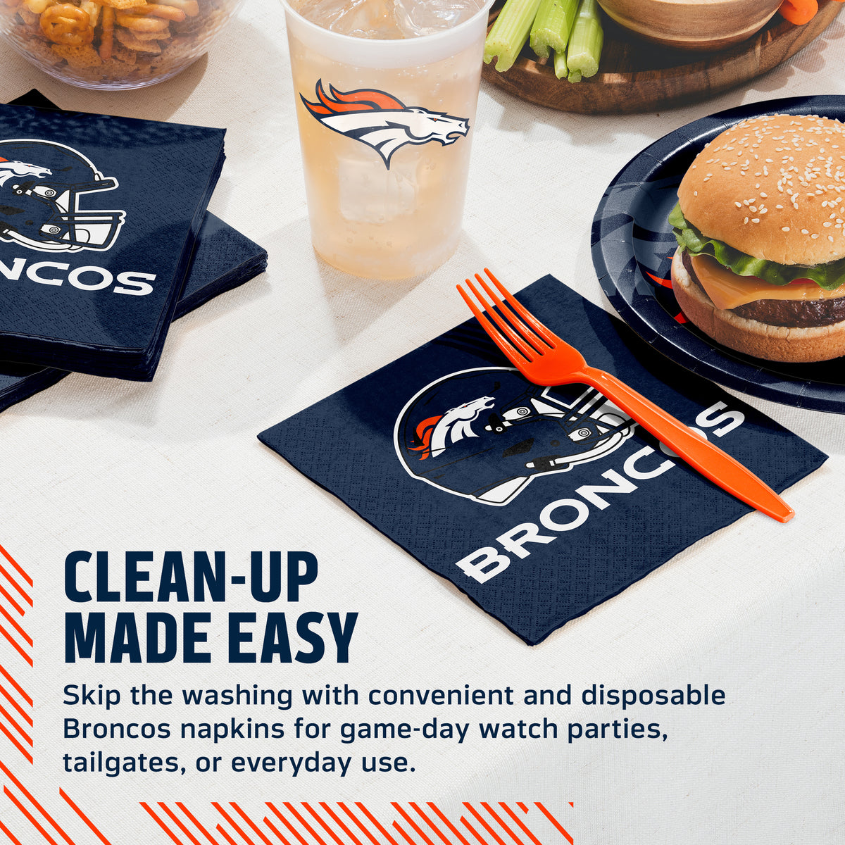 Denver Broncos napkins and cups on a table with food and cup. Banner with "Clean-Up Made Easy" text along the bottom