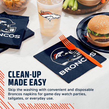 Denver Broncos napkins and cups on a table with food and cup. Banner with "Clean-Up Made Easy" text along the bottom