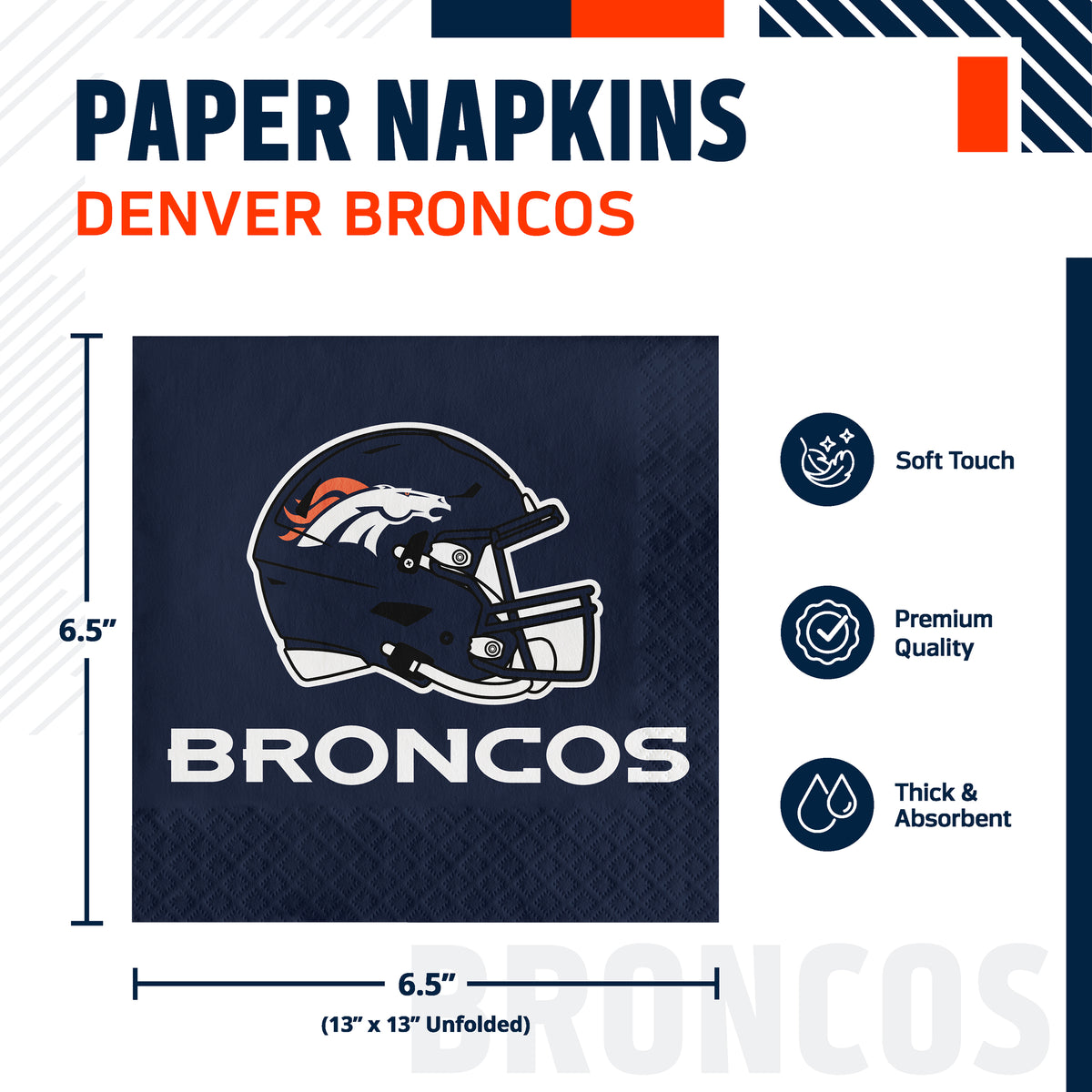 Denver Broncos paper napkins shown in a product graphic with dimensions and feature callouts. The napkin is navy blue with the Broncos helmet logo and the word BRONCOS printed on it.