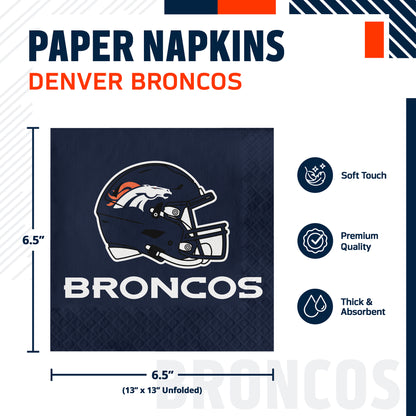 Denver Broncos paper napkins shown in a product graphic with dimensions and feature callouts. The napkin is navy blue with the Broncos helmet logo and the word BRONCOS printed on it.