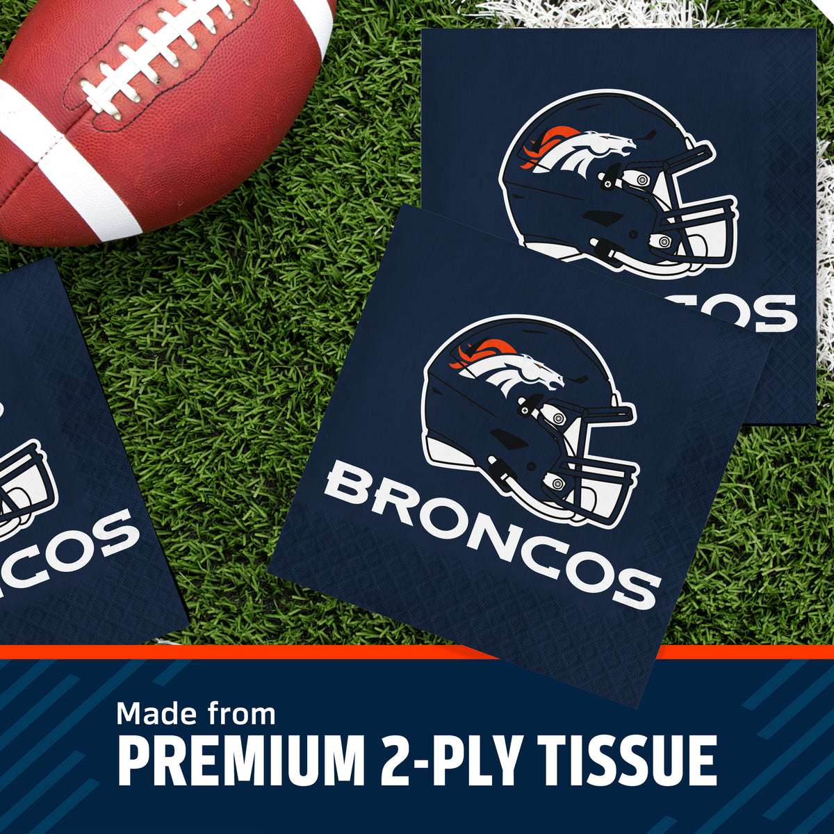 Three Denver Broncos themed square napkins on a green turf background next to a football, with a text banner at the bottom reading 'Made from PREMIUM 2-PLY TISSUE'.