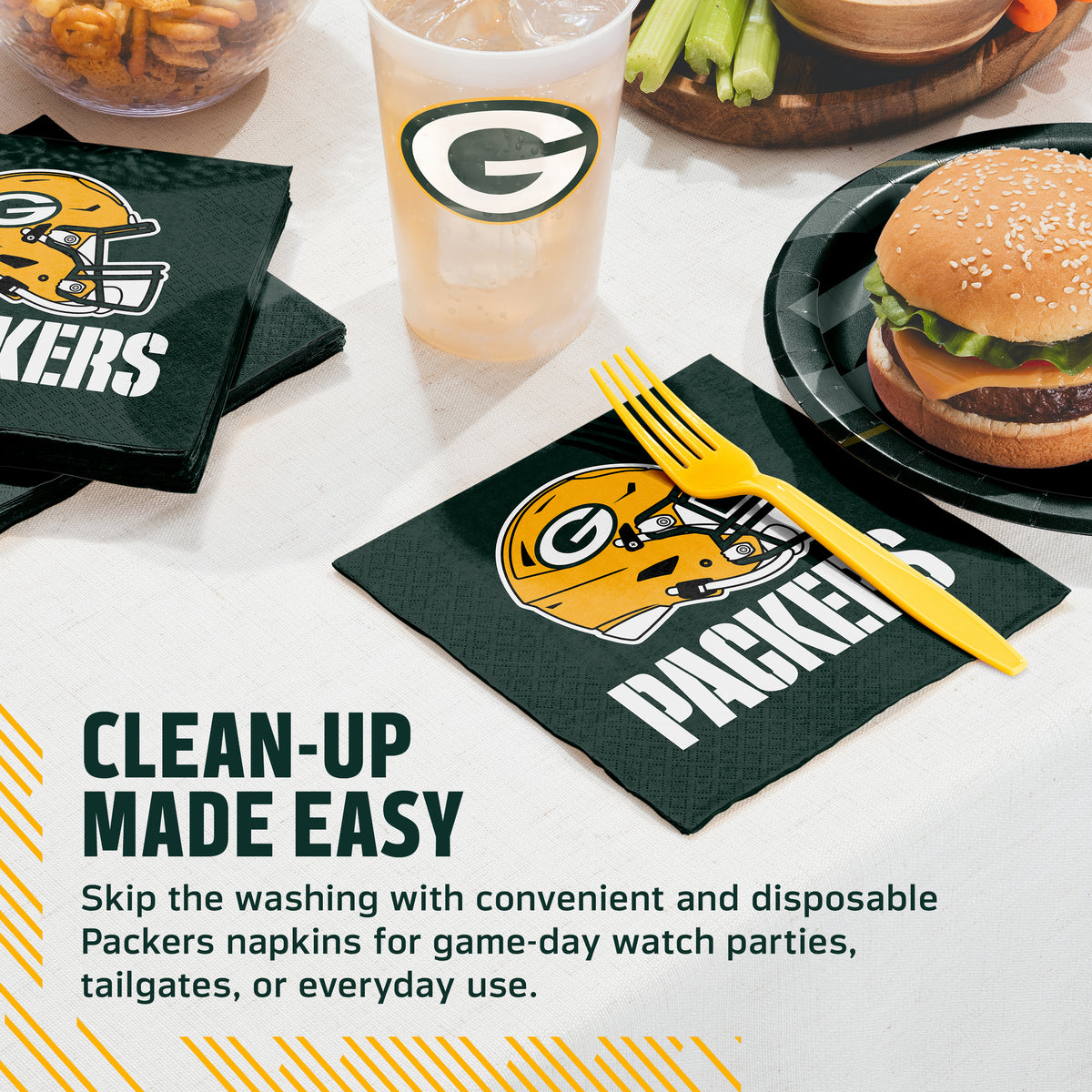 Green Bay Packers napkins and cups on a table with food and cup. Banner with "Clean-Up Made Easy" text along the bottom