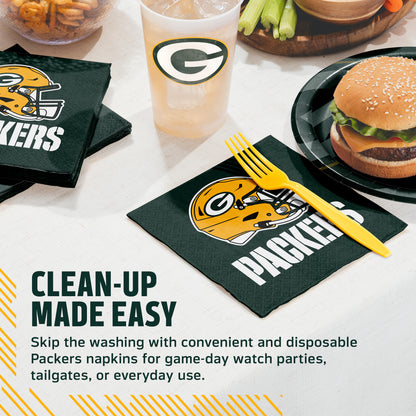 Green Bay Packers napkins and cups on a table with food and cup. Banner with "Clean-Up Made Easy" text along the bottom