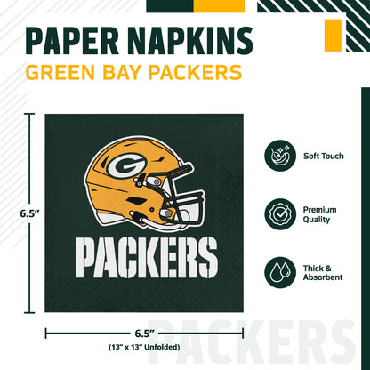 Green Bay Packers paper napkins shown in a product graphic with dimensions and feature callouts. The napkin is green with a yellow Packers helmet logo and the word PACKERS printed on it.