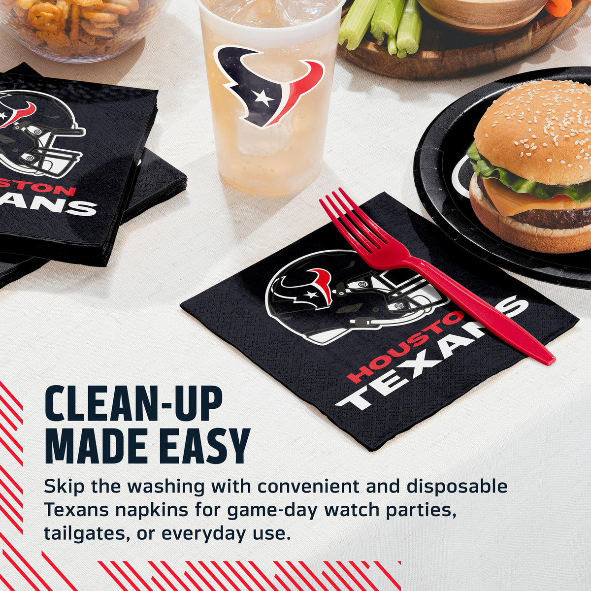 Chicago Bears napkins and cups on a table with food and cup. Banner with "Clean-Up Made Easy" text along the bottom
