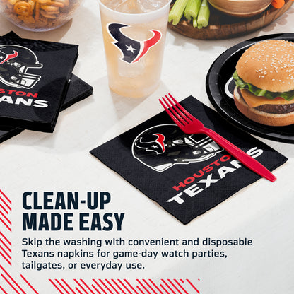Chicago Bears napkins and cups on a table with food and cup. Banner with "Clean-Up Made Easy" text along the bottom