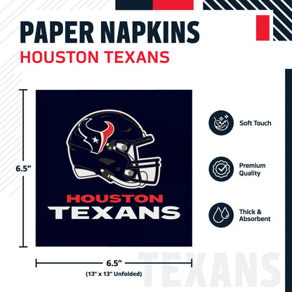 Houston Texans paper napkins shown in a product graphic with dimensions and feature callouts. The napkin is navy blue with the Houston Texans helmet logo and the word HOUSTON TEXANS printed on it.