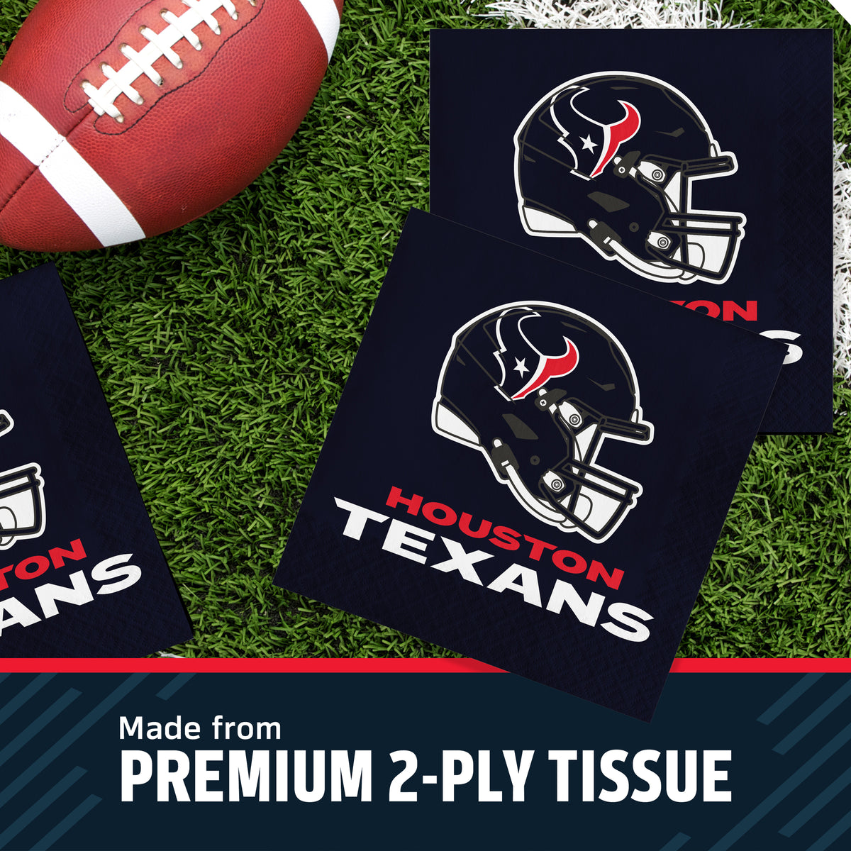 Three Houston Texans themed square napkins on a green turf background next to a football, with a text banner at the bottom reading 'Made from PREMIUM 2-PLY TISSUE'.