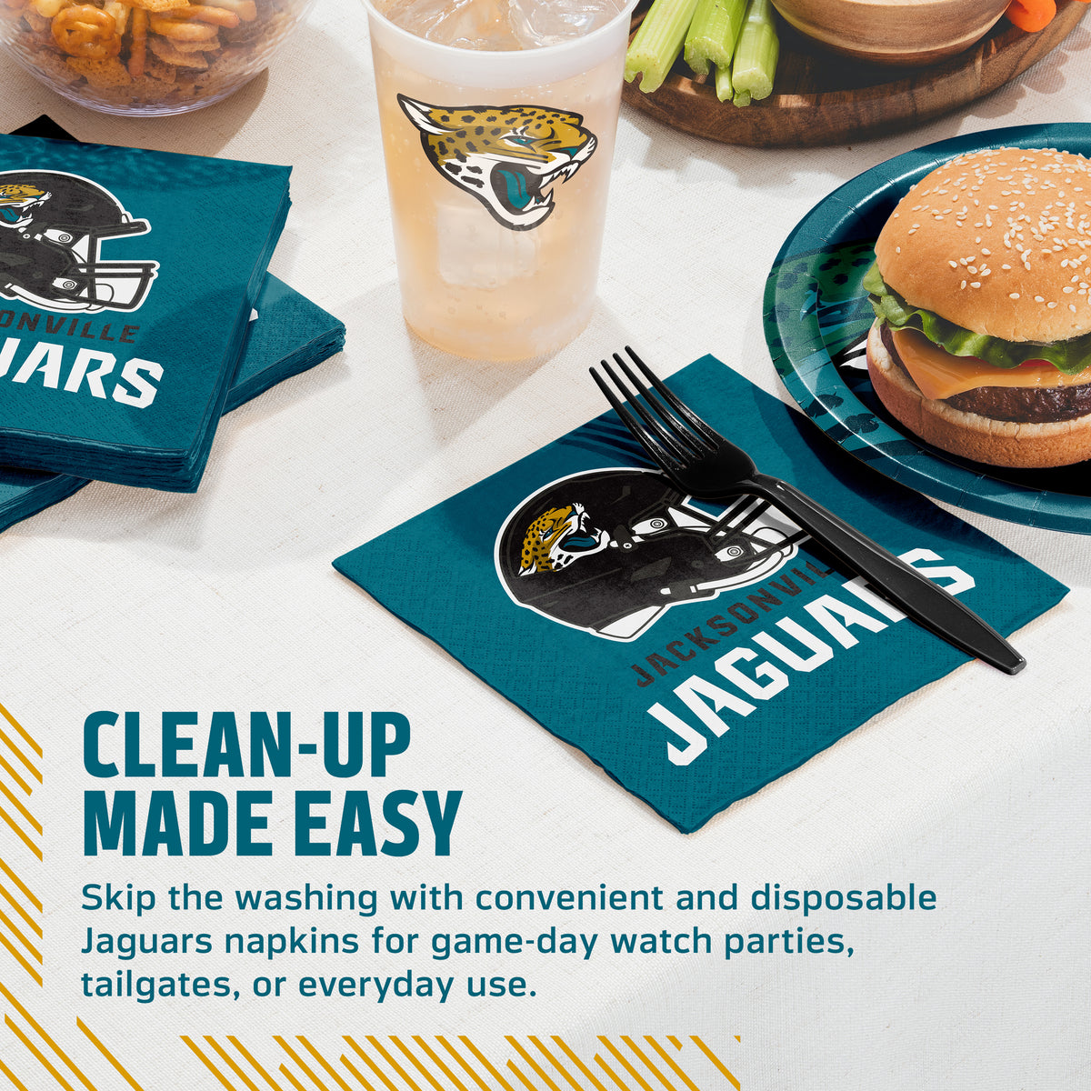 Teal Jacksonville Jaguars branded napkins on a table, shown with a matching cup, plate, burger, fries, and utensils. Text on the image reads 'CLEAN-UP MADE EASY' and describes disposable Jaguars napkins for game-day watch parties, tailgates, or everyday use.