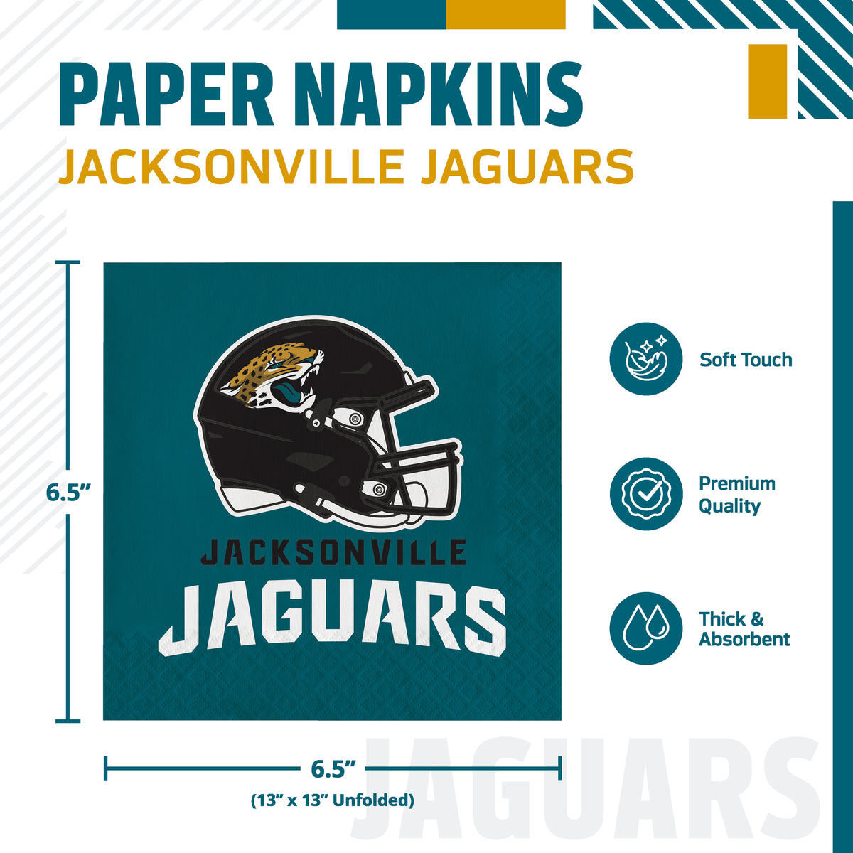 Jacksonville Jaguars paper napkins shown in a product graphic with dimensions and feature callouts. The napkin is green with the Jaguars helmet logo and the word 'JACKSONVILLE JAGUARS' printed on it.