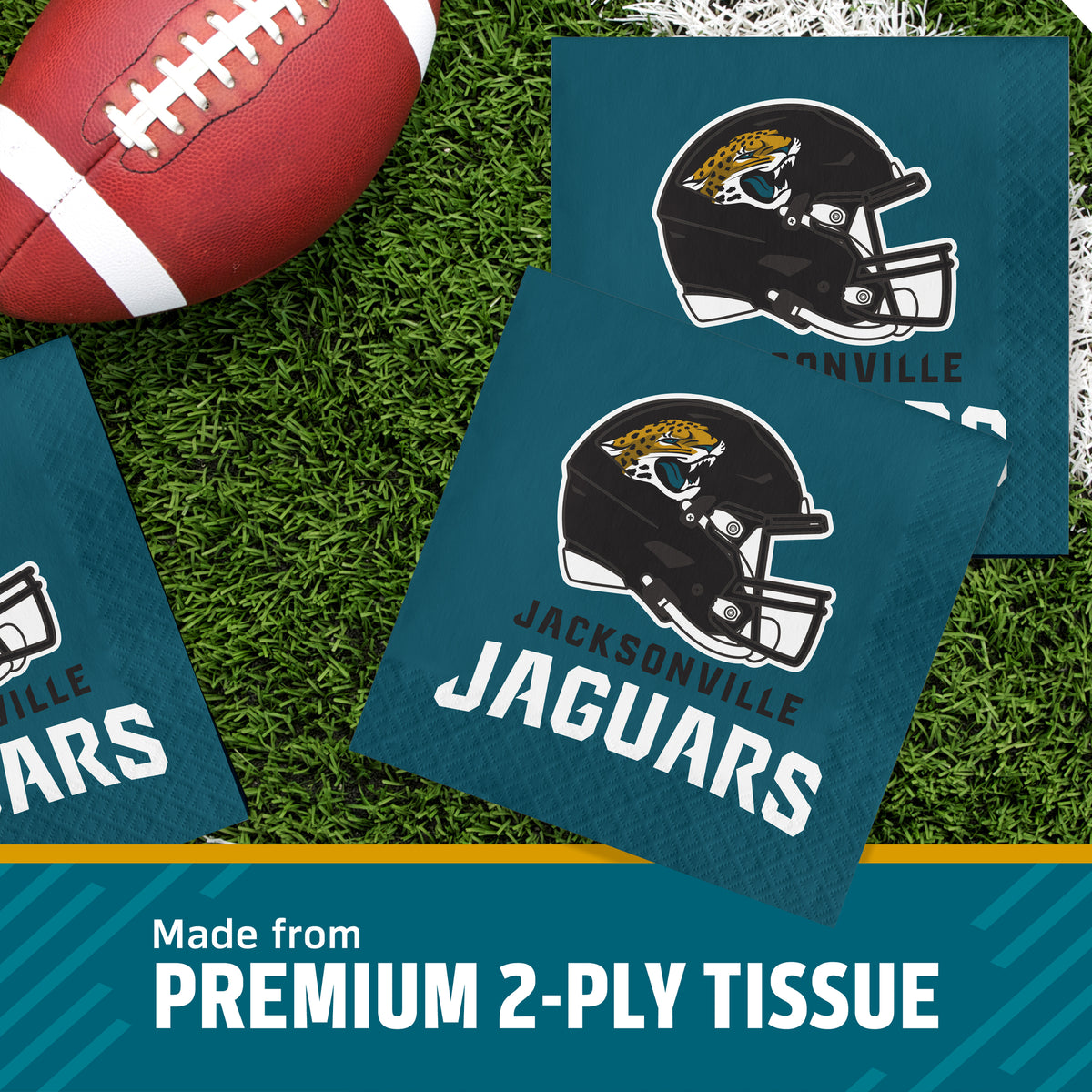 Three Jacksonville Jaguars themed square napkins on a green turf background next to a football, with a text banner at the bottom reading 'Made from PREMIUM 2-PLY TISSUE'.