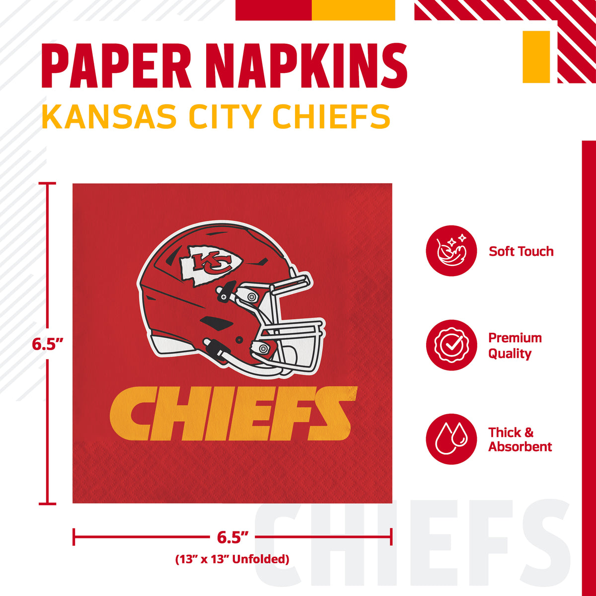 Kansas City Chiefs paper napkins shown on a white branded graphic background with dimensions and feature callouts. The napkin is red with a large Chiefs helmet logo and yellow CHIEFS text.
