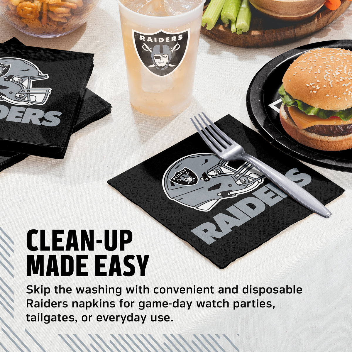 Las Vegas Raiders napkins and cups on a table with food and cup. Banner with "Clean-Up Made Easy" text along the bottom