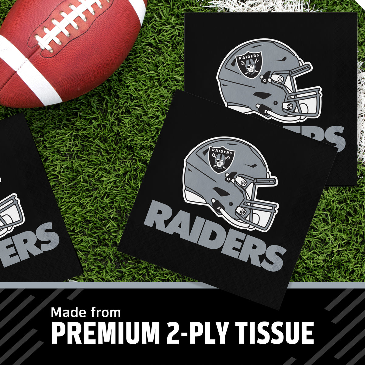 Las Vegas Raiders paper napkins shown in a product graphic with dimensions and feature callouts. The napkin is black with the Raiders helmet logo and the word RAIDERS printed on it.