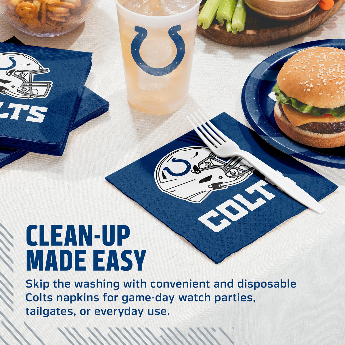 Indianapolis Colts napkins and cups on a table with food and cup. Banner with "Clean-Up Made Easy" text along the bottom