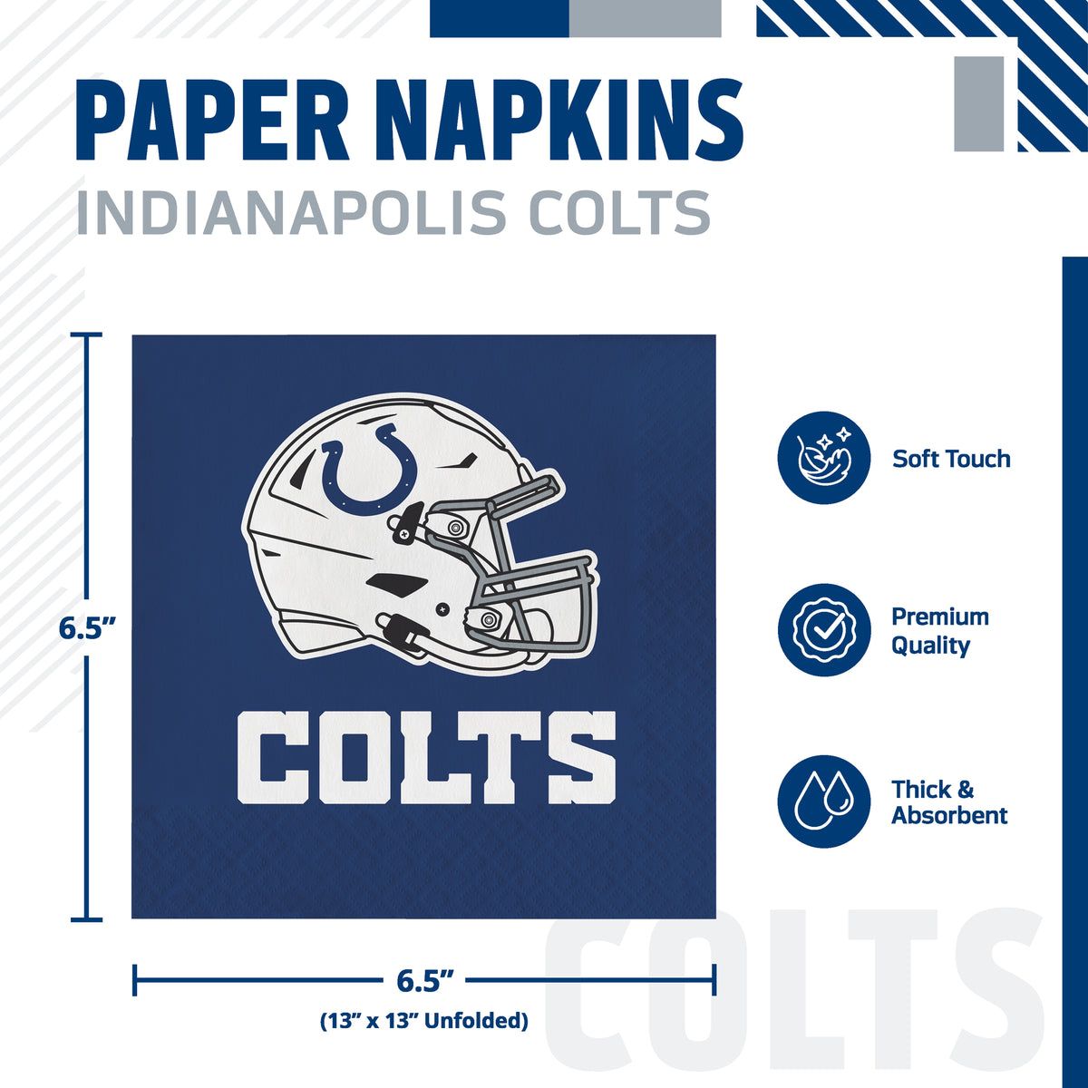 Indianapolis Colts paper napkins shown in a product graphic with dimensions and feature callouts. The napkin is blue with the Colts football logo and the word COLTS printed on it.