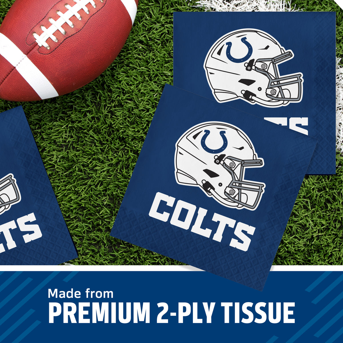 Indianapolis Colts themed premium 2-ply tissue paper squares displayed on a green turf background with a football prop. The tissue features the white Colts helmet logo and the word 'COLTS' in white on a dark blue background.
