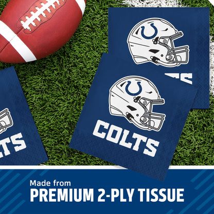 Indianapolis Colts themed premium 2-ply tissue paper squares displayed on a green turf background with a football prop. The tissue features the white Colts helmet logo and the word 'COLTS' in white on a dark blue background.
