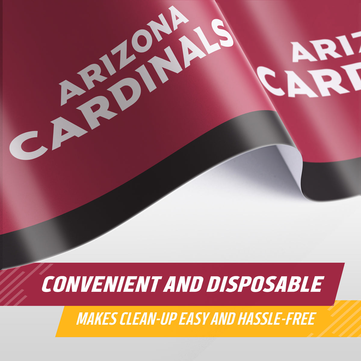 Arizona Cardinals themed disposable napkins or paper towels shown in a close-up graphic with bold white lettering on a dark red background and a black curved accent band. Text at the bottom reads 'CONVENIENT AND DISPOSABLE' and 'MAKES CLEAN-UP EASY AND HASSLE-FREE'.