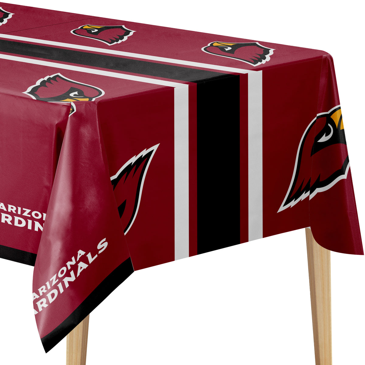 A red Arizona Cardinals themed tablecloth draped over a table, featuring the team logo, team name, and vertical black and white stripes.
